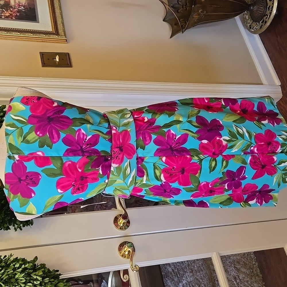 DRESSBARN Floral Sleeveless Dress Belt sleeveless pleats aqua fuchsia 6 New - Picture 5 of 8